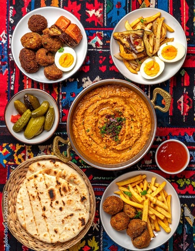 Middle Eastern Food Platter with Falafel, Hummus, and Flatbread on Colorful Rug