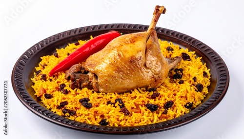 Roasted Chicken with Yellow Rice and Red Chili on Black Plate