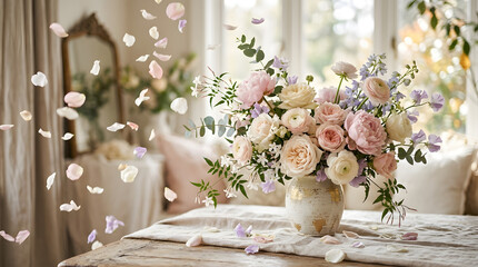 Soft focus floral bouquet on bed with fairy lights romantic bedroom decor