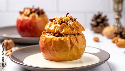 Baked Apple with Oatmeal and Nuts on Plate
