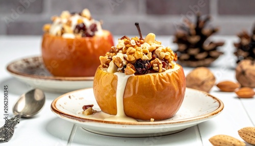 Baked Apple with Oatmeal and Nuts on White Plate