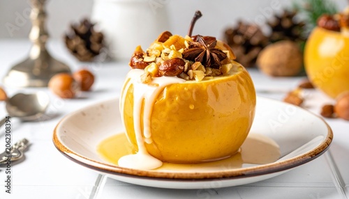 Baked Stuffed Pumpkin on Plate with Nuts and Spices