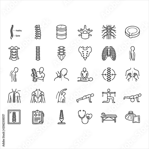 Photography Set of medical chiropractic and orthopedics spine icons, skeletal system and phy