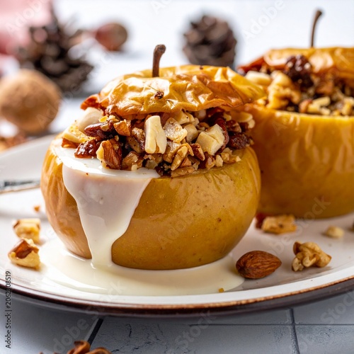 Baked Apple with Oatmeal and Nuts on White Plate