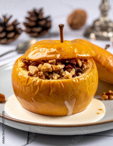 Baked Apple Stuffed with Oatmeal and Nuts on White Plate