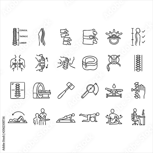 Bild auf Leinwand Orthopedic and spine rehabilitation line art vector icon set for chiropractic an