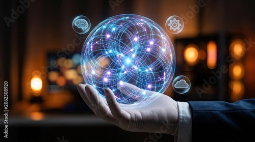 A person in a suit holds a glowing blue technology sphere with purple lights in a dark room with a computer.