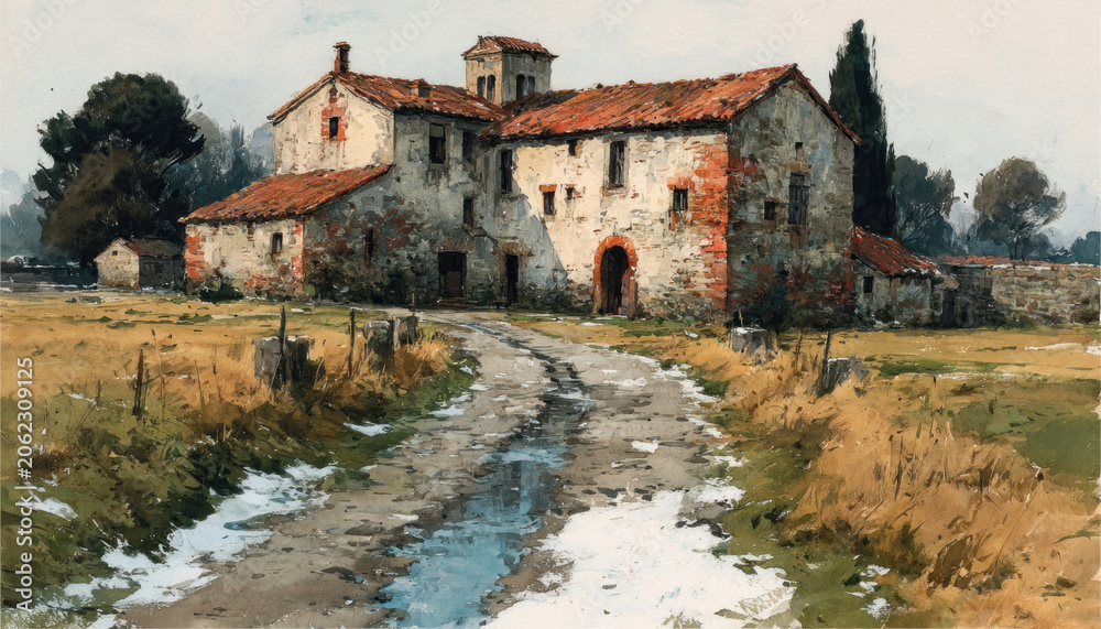 Fototapeta premium Rustic Abandoned Farmhouse Watercolor in Quiet Countryside