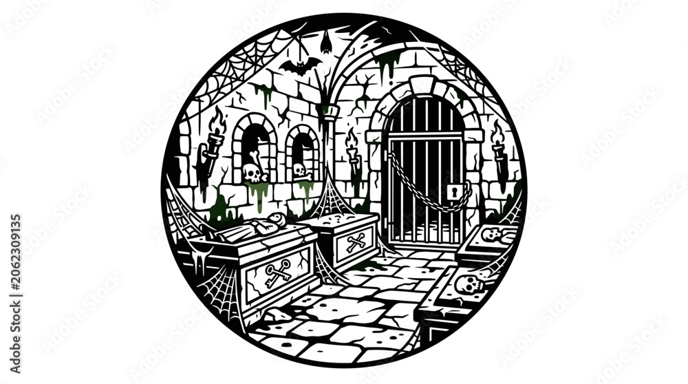 Naklejka premium Spooky Dungeon with Coffins and Prison Cell Illustration.