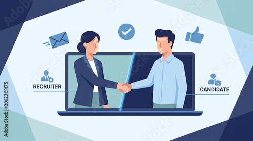Business people shaking hands on a laptop screen with icons