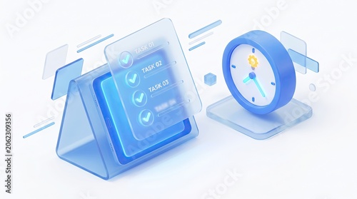 A futuristic smartphone and clock on stands with abstract elements around them.