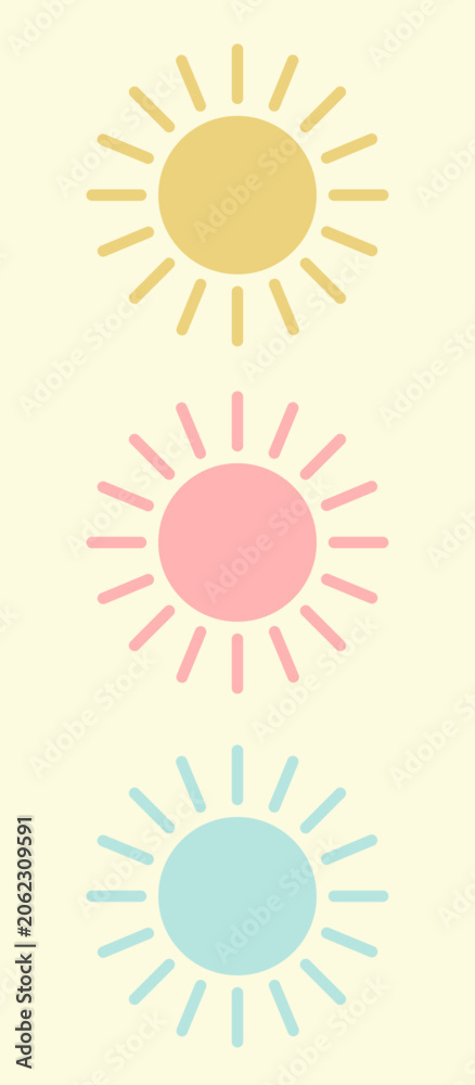 Fototapeta premium Pastel colored sun icons in a vertical arrangement on a light cream background