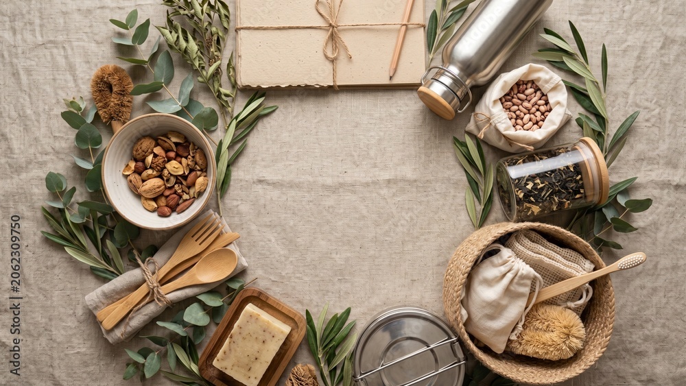 Fototapeta premium Circular Economy and Zero Waste Lifestyle Background with Natural Elements