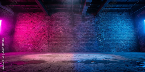 Industrial room with vertical pink and blue neon lights on brick walls industrial interior background warehouse electric contrast textured minimalist scenography architecture cyberpunk