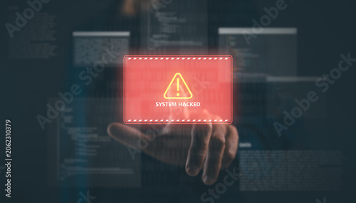 Quadro su tela A hand interacts with a digital screen displaying a red warning message indicating a system has been hacked