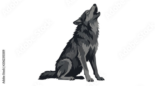 Dramatic full body vector graphic of a howling wolf sitting on a white background