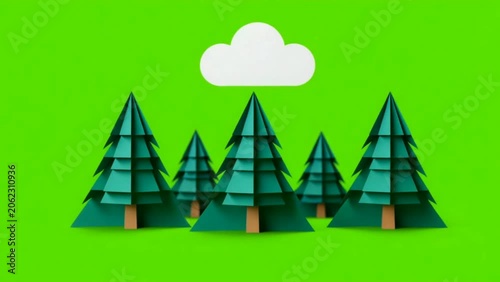 Minimalist Pop Up Papercraft Forest Animation Growing Low Poly Landscape on Green Screen for Chroma Key