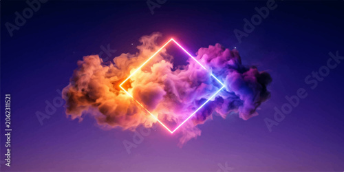 Modern neon diamond frame encased in swirling smoke clouds with abstract colorful background geometric particle wallpaper spectrum mystical backdrop futuristic