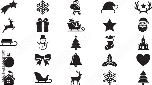 Black and white vector graphic icon set featuring various christmas holiday symbols like santa claus snowflakes trees and gift boxes