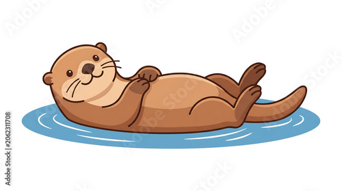 Cheerful Full Body Vector Illustration of a Cute Brown River Otter Floating Happily on Water for Nature and Animal Themed Designs