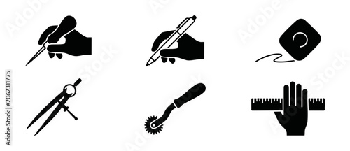 Fotografie Sewing pattern tools icon set with hands holding ruler pen awl chalk drafting wh