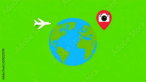Minimalist Travel Icons Pop Up Animation on a Globe with Green Screen for Chroma Key