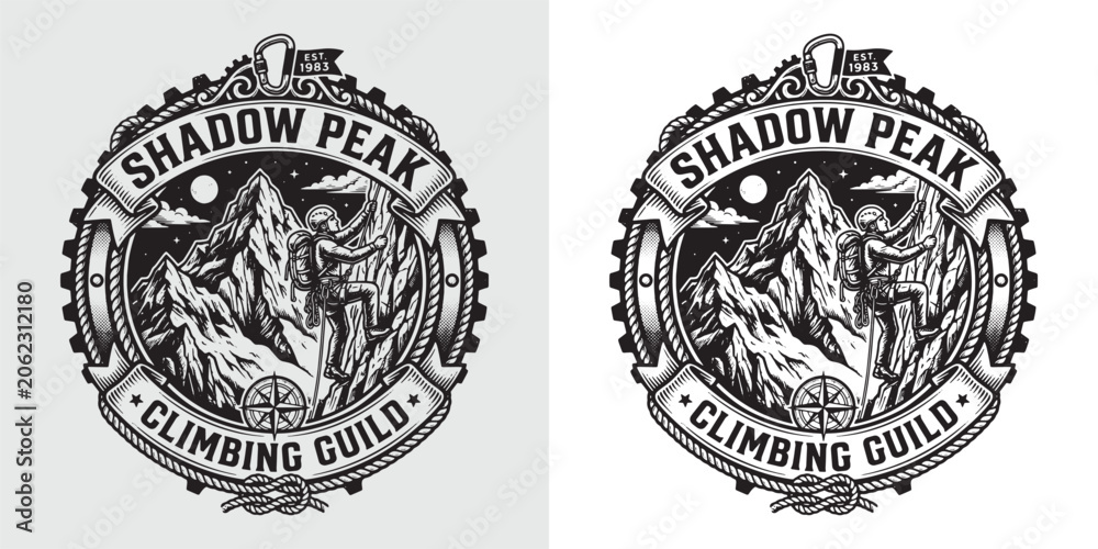 Fototapeta premium Shadow Peak Climbing Guild Expedition Emblem with Compass