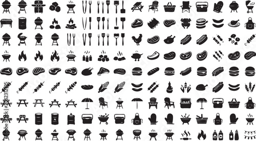 Comprehensive collection of flat black vector barbecue icons featuring grilling equipment meats utensils and outdoor picnic party accessories for design