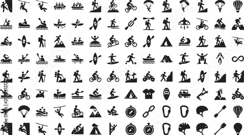 Schilderij op canvas Black vector illustration set featuring various adventure sports icons like hiki