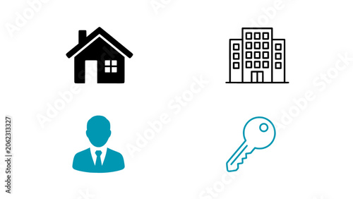 Canvastavla Modern real estate icons including homes, buildings, property owners, and key access symbols