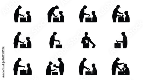Photos Set of black silhouettes showing people participating in election and voting activities