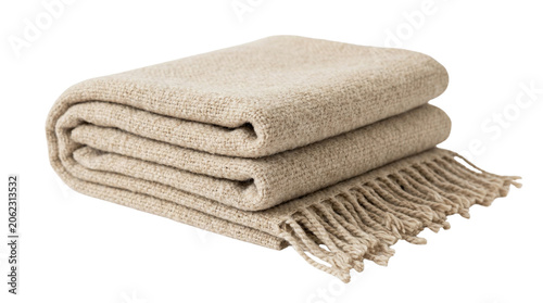 Soft Neutral Throw Blanket with Decorative Fringe Isolated on White Background