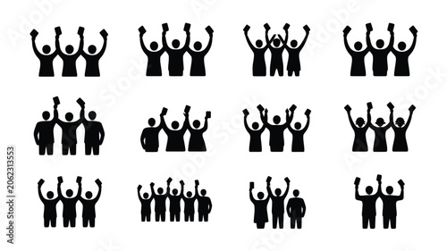 Φωτογραφία Silhouettes of people cheering with raised hands holding election ballots for voting event