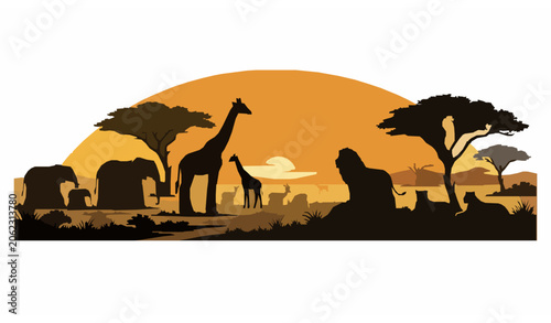 Photography African Safari Animal Silhouette Landscape Vector Illustration