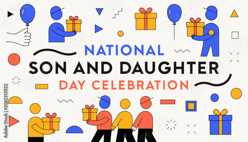 National Son and Daughter Day Celebration, Family Gift Giving Icons, Colorful Vector Illustrations