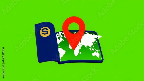 Passport Pop Up Animation Reveals Map Pin Location Icon on Green Screen Chroma Key