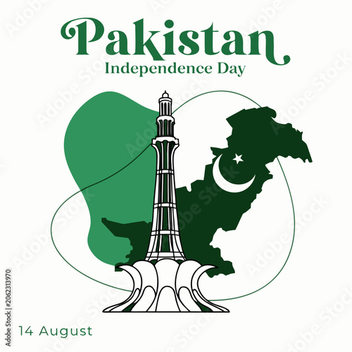 Pakistan Independence Day, national flag, green and white colors, 14 August, country outline