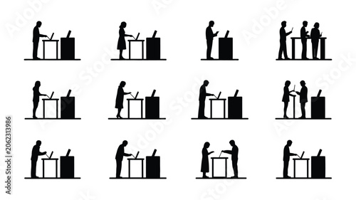 Fotografie People voting at electronic voting machines, diverse individuals participating in democratic process
