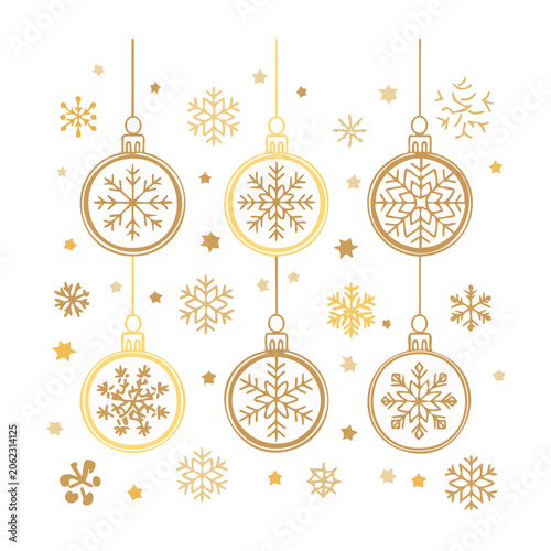 Gold Christmas ornaments and snowflakes on white background