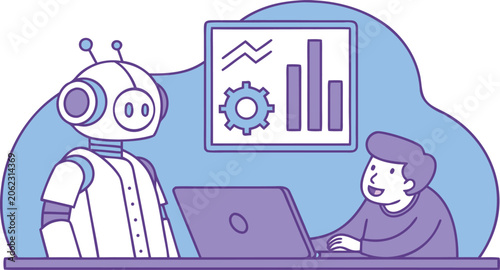 AI Assistant Helping Small Business Owner Manage Operations and Customer Support Vector Illustration