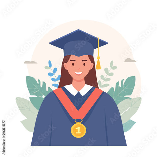 Female graduate in cap and gown with medal illustration