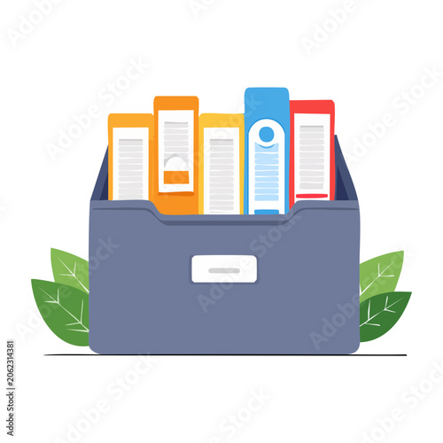 File folder with colorful binders and green leaves illustration