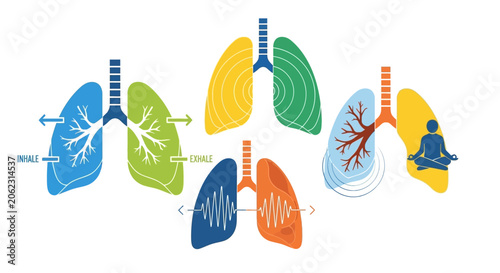 Fotografie Human Lungs Breathing Process and Health Infographic Vector Set