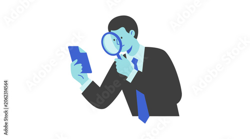 Male Manager Using Magnifier For Research Flat Illustration