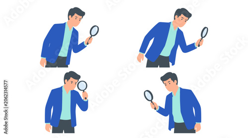 Male Manager Using Magnifier For Research Flat Illustration