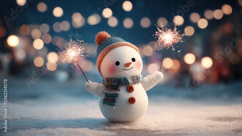 Cheerful snowman holding sparklers on snow, soft lights behind
