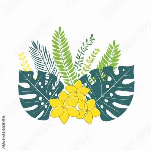 Tropical Leaves and Yellow Flowers Illustration