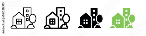 Green city vector icon representing sustainable urban development, smart cities, renewable energy, and eco-friendly communities