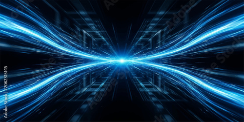 Fotografie Digital data stream background with blue light pulses and tech nodes abstract te