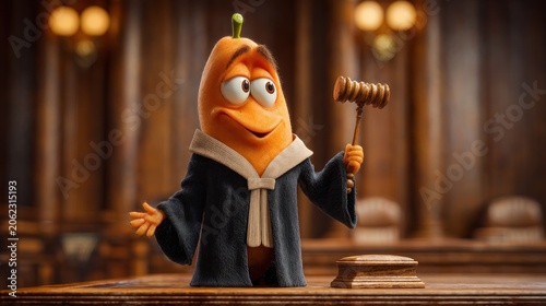 A smiling, cartoonish carrot in judge's robes stands behind a wooden desk in a courtroom, gavel in hand